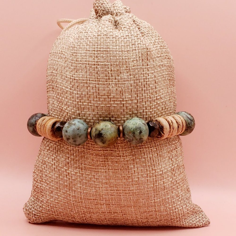 African Turquoise, Bronzite, Copper and Coconut Husk Beads Bracelet - Picture 3 of 5